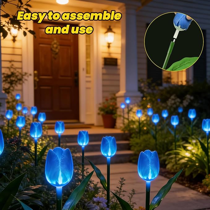 6PACKS Garden Gifts for Mother Day Decorations - Cute Artificial Tulip Blue Flower with Outdoor Path Lights Waterproof,Auto-On/Off,Bright Flower Solar Stake Light for Yard,Porch,Spring Decor
