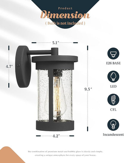 Ken & Ricky Outdoor Wall Light Fixture,Exterior Lighting Fixtures,Modern Sconce Lights for Porch Patio Garage Front Door (Black,Seeded Glass, 2PK)