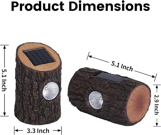 Solar Garden Lights Outdoor Decorative, 2 Pack Rustic Tree Stump Solar Pathway Lights IP65 Waterproof, Auto On/Off Yard Decor for Patio, Lawn, Flower Bed, Steps, Unique Garden Gifts, Warm White