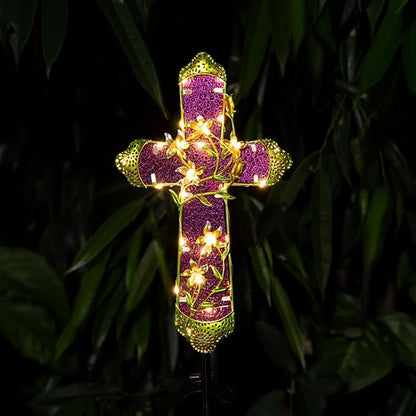 Solar Cross Stake for Cemetery Grave, Memorial Grave Decoration with Flowers and LED Light, Outdoor Solar Cross for Lawn Garden Pathway Decor (Fuchsia)