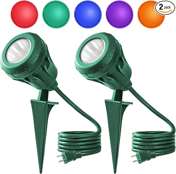 LED Christmas Spotlight Outdoor Plug in, 800LM Waterproof Flood Lights with 5 Extra Lenses (Red Green Blue Purple Orange), 5000K Landscape Light for Yard, Flag, Holiday Decor, ETL Listed, 2 Pack