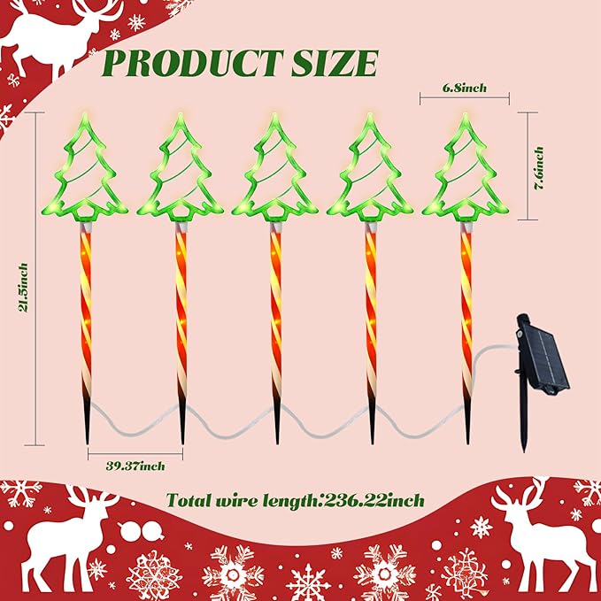 Garden Christmas Decorations Pathway Outdoor Solar Lights, 27 inches Lighted Xmas Tree Solar Christmas Lights with 8 Modes Waterproof String Lights, Outdoor Lights for Yard Patio Walkway-5PCS