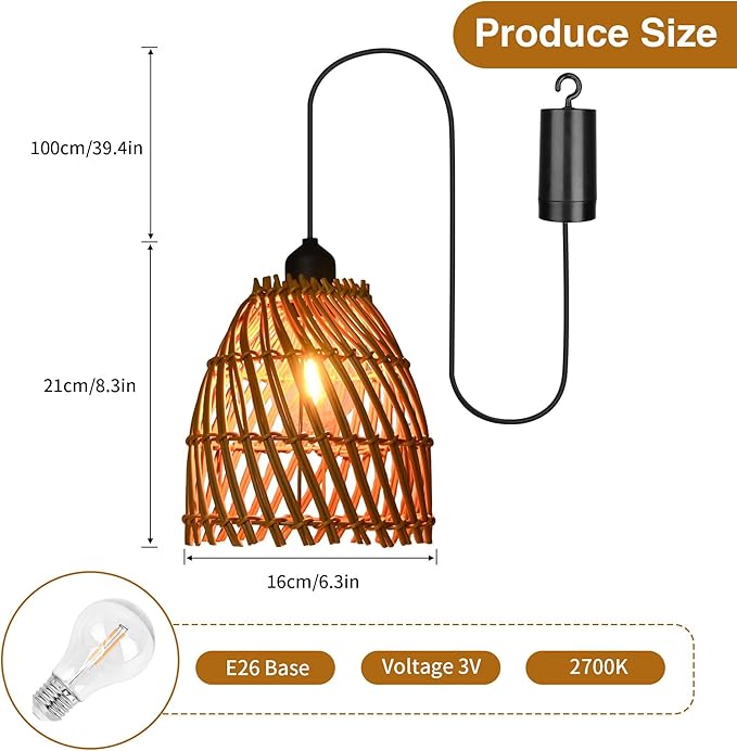 2Pack Battery Operated Pendant Light with Remote Control IP44 Waterproof Indoor Outdoor lamp for Bedroom, Patio, Camping, Party, Porch, Cafe (No Outlet Needed)