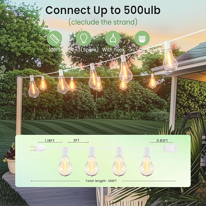 Outdoor String Lights, 100FT LED Patio String Light, String Lights for Outside with 53 LED Bulbs (3 Spare), White | Lumora