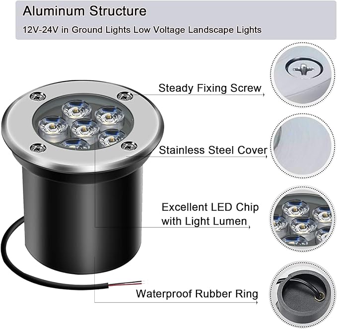 Low Voltage Landscape Light LED In-Ground Lighting with Connectors Well Lights Bright White Waterproof IP67 6W 12V | Lumora