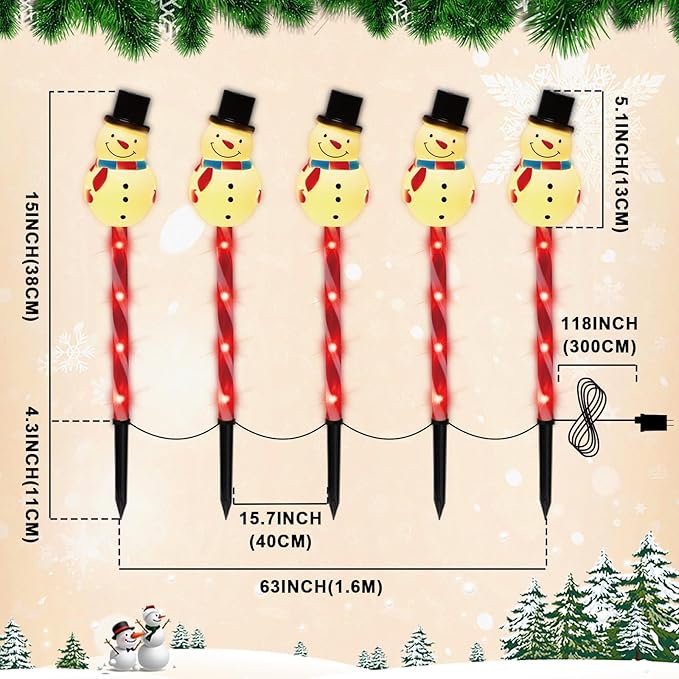 LAMPHOME Christmas Pathway Lights Outdoor, Set of 5 Snowmans Christmas Decorations Outdoor Yard, 15inch Pathway Marker Stake Lights for Patio Ground Path Sidewalk Walkway Driveway