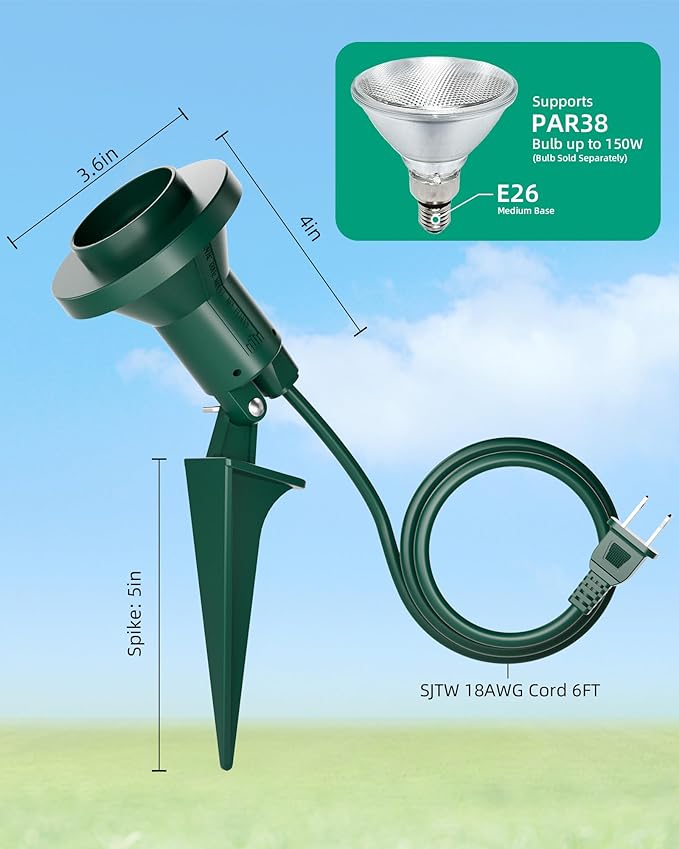 Outdoor Flood Light Holder with Ground Stake, Plug-in Waterproof Spotlight Fixture, PAR38 Compatible, E26 Socket | Lumora