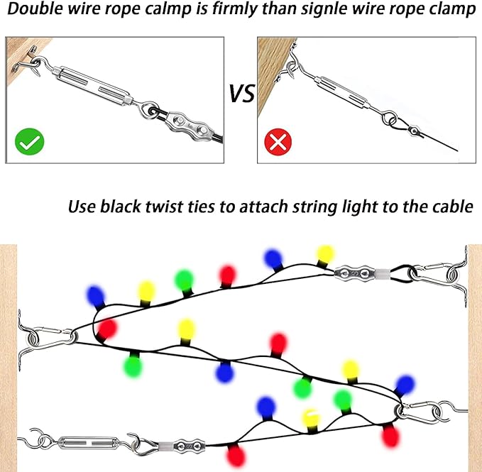 164FT Outdoor String Light Hanging Kit | Black Vinyl-Coated 304 Stainless Steel Wire Rope | Turnbuckles & Hooks | | Lumora