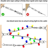 164FT Outdoor String Light Hanging Kit | Black Vinyl-Coated 304 Stainless Steel Wire Rope | Turnbuckles & Hooks | | Lumora