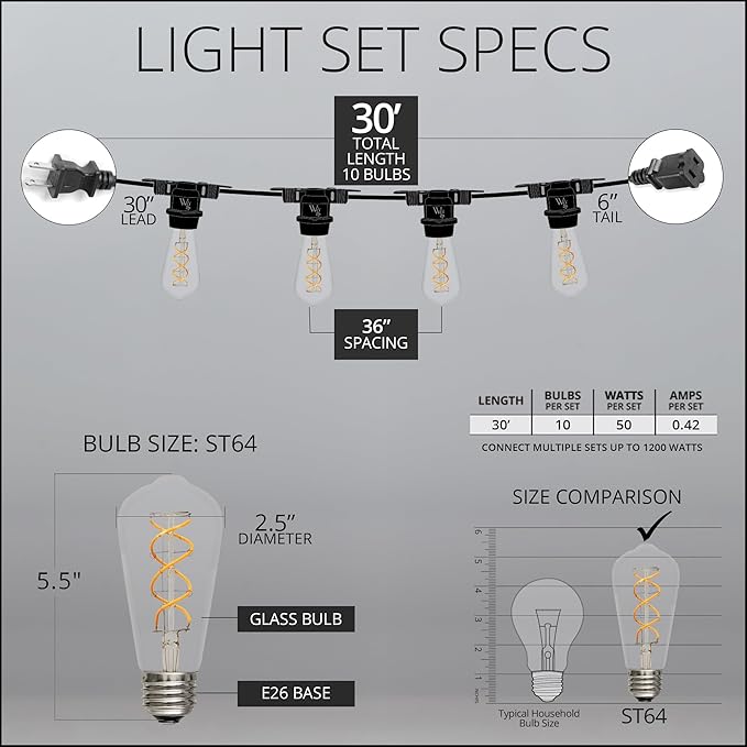 30' FlexFilament LED ST64 Edison Bulb Patio Lights, 10 LED Filament 5W UL Rated Bulbs, Commercial Wire, 3' Spacing Outdoor Patio Lights String