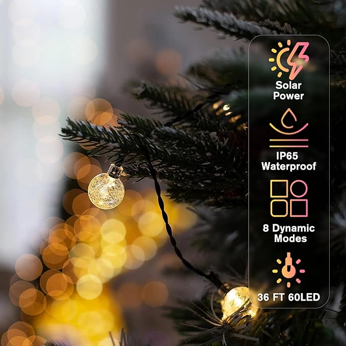Metaku Solar String Lights for Outside, 36FT 60 LED Crystal Globe String Lights, Solar Powered Outdoor Lights with | Lumora