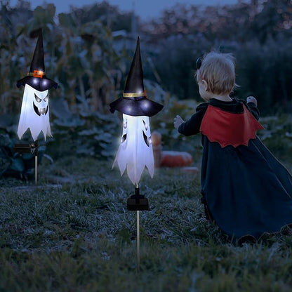 Riakrum 2 Pcs Halloween Solar Pathway Lights Solar Halloween Ghost Witch Hat Stake Lights Decorations Outdoor Big Spooky Ghost Decor for Pathway Porch Yard Walkway Lawn Garden Indoor Outside Party