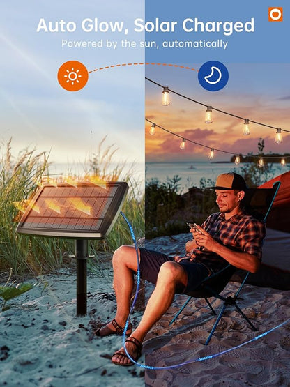 addlon 78FT(72+6) Solar String Lights Outdoor, Waterproof Solar Powered Outside Lights with Remote & USB Port, ST38 LED Shatterproof Bulbs, Dimmable Solar Light for Camping Backyard Porch
