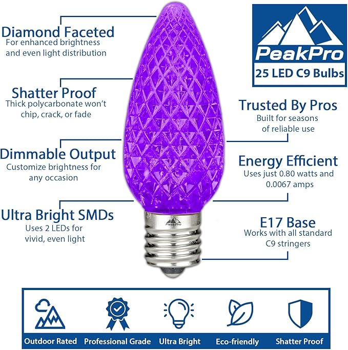 Novelty Lights 25PK C9 LED Faceted Ultra Bright Dimmable Outdoor Christmas Light Replacement Bulbs, LED Bulbs | Lumora