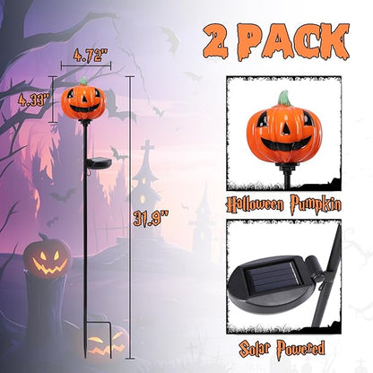 Bshine Solar Garden Lights Pumpkin Halloween Decorations, Outdoor Hand Blown Glass Pumpkin Metal Stakes Waterproof Garden Decor Patio Path Decorative Lights for Halloween Party, Fall Festivals, 2 Pack