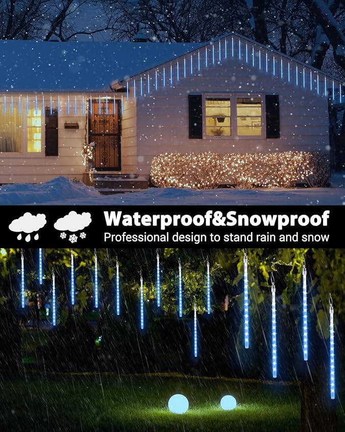 Blue 20 Tubes Meteor Shower Icicle Lights 480 LED Raindrop Lights with Timer Function - Outdoor String Light | Lumora
