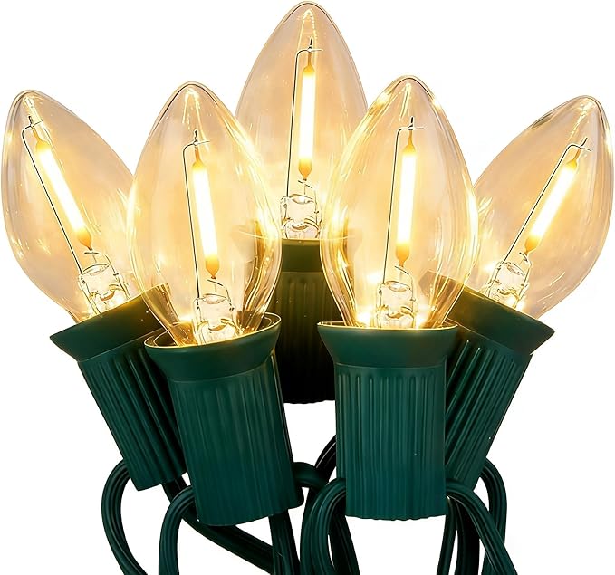 50Ft LED Christmas Outdoor String Lights, C7 Vintage String Lights with 27 0.6W Warm White Bulbs, Clear Christmas Lights for Holiday Party Backyard Wedding Garden Patio Porch Decor, Green Wire