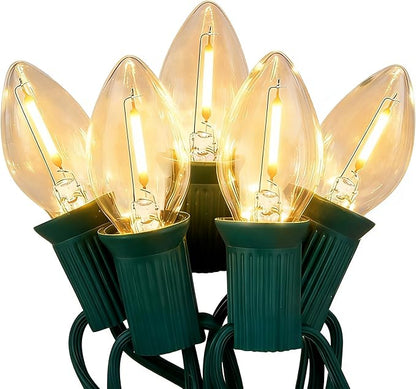 50Ft LED Christmas Outdoor String Lights, C7 Vintage String Lights with 27 0.6W Warm White Bulbs, Clear Christmas Lights for Holiday Party Backyard Wedding Garden Patio Porch Decor, Green Wire