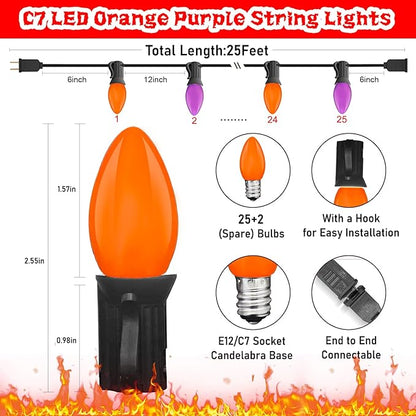 SUNSGNE C7 LED Halloween String Lights Outdoor, 25FT Orange Purple String Lights with 27 Shatterproof Plastic LED Bulbs(2 Spare) for Patio Balcony Backyard Decor, Black Wire