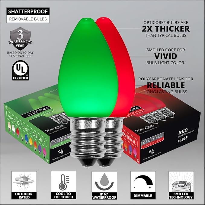 Wintergreen Lighting Opticore LED Smooth/Opaque Commercial C7 Red & Green Christmas Lights Vintage Style, Durable Outdoor Christmas Lights, Green Wire (50 Lights, 50 ft)