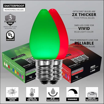 Wintergreen Lighting Opticore LED Smooth/Opaque Commercial C7 Red & Green Christmas Lights Vintage Style, Durable Outdoor Christmas Lights, Green Wire (50 Lights, 50 ft)