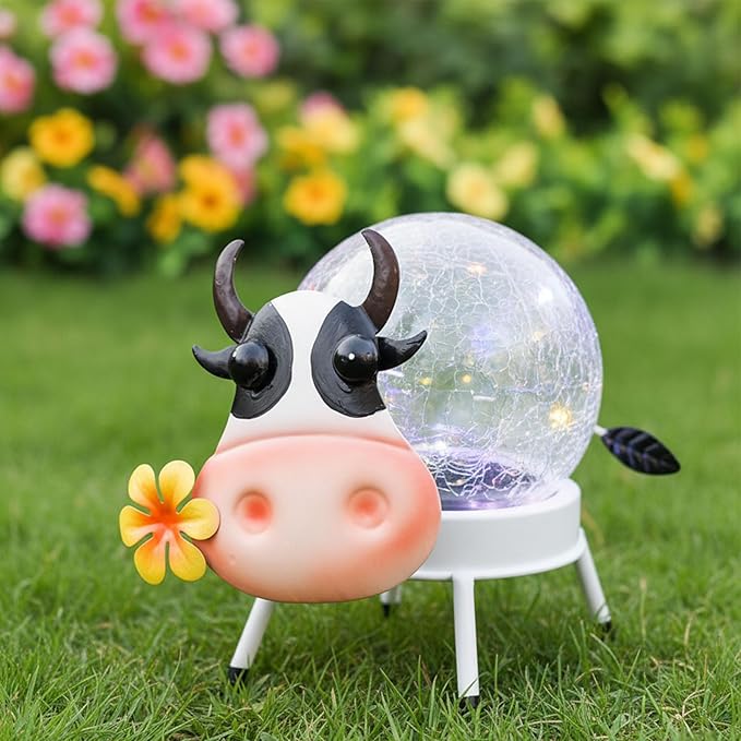 Solar Lights Outdoor Dairy Cow Decor with Crackle Glass Globe Lights - Cute Metal Cow Decor - Garden Figurine Light | Lumora
