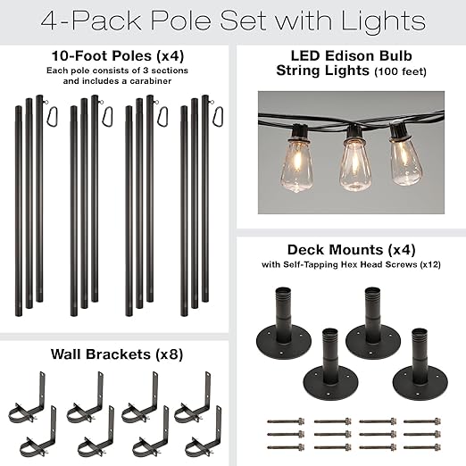 EXCELLO GLOBAL PRODUCTS Premium String Light Pole 4 Pack with 100' of LED Edison Bulb String - Outdoor Path Light | Lumora