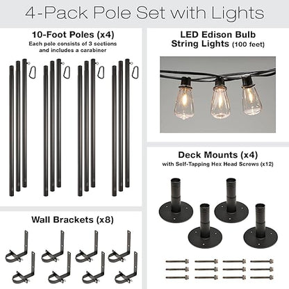 EXCELLO GLOBAL PRODUCTS Premium String Light Pole 4 Pack with 100' of LED Edison Bulb String Lights (Deck Mount)
