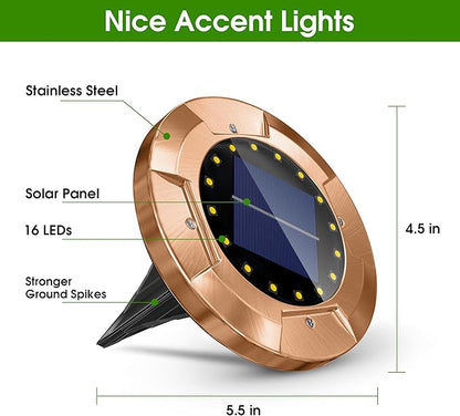 Biling Solar Ground Lights Outdoor with16 LEDs, Bright Waterproof Solar Lights Outdoor with Brass Finish, Flat Landscape Lighting for Yard Garden Pathway Driveway Deck (Warm 8 Pack)