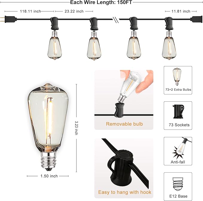 DAMAING Outdoor String Lights 150 FT Patio Lights String with 75 Dimmable ST38 Plastic LED Bulbs,Vintage | Lumora