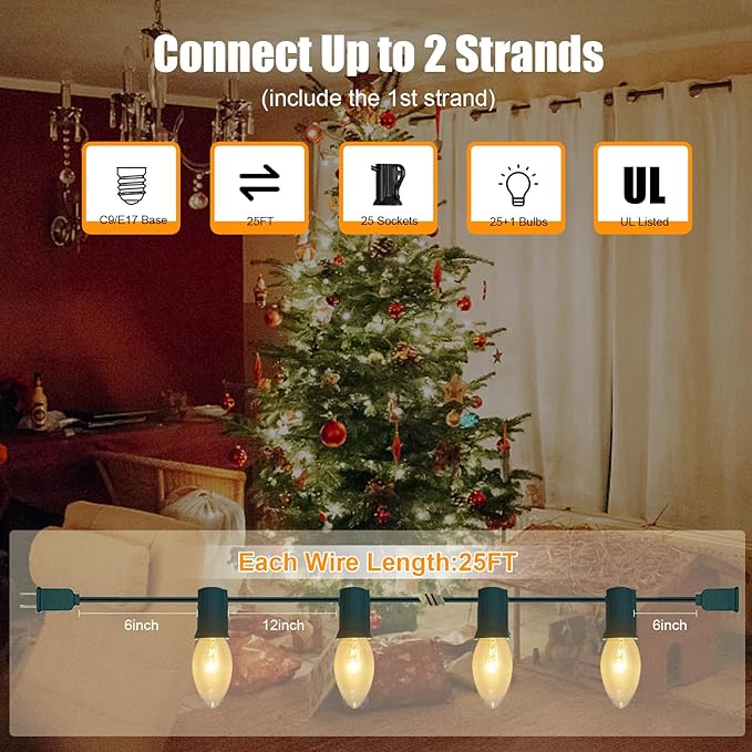 GOOTHY C9 Clear Christmas String Lights, 25Ft Outdoor Christmas Lights with 26 Warm White Bulbs, Hanging Roofline | Lumora