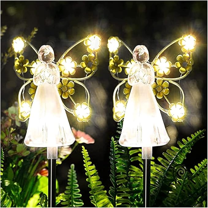 Solar Garden Lights 2pcs Fairy Garden Ornaments Outdoor Solar Pathway Lights, Flower Fairy Resin Figurine Lamp for Courtyard Lawn, Commemorate Gift (Color : Yellow)
