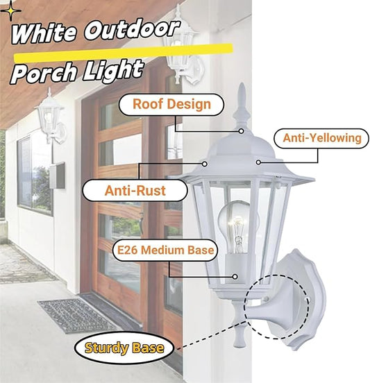 WISBEAM 2 Pack Outdoor Wall Light, White Wall Sconce for House Porch Lighting Fixture, E26 Base 60W Max, Metal Housing Plus Glass, Wet Location Rated, ETL Qualified, Bulbs not Included