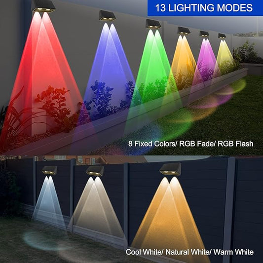 Solar Fence Lights Outdoor 8-Pack, 3000/4000/6000K & 8 RGB Colors, IP65 Waterproof LED Fence Lights Solar Powered, 100 Lumens Outdoor Light for Yard, Patio, Deck, Wall, Stair, Step, Railing (2PK)