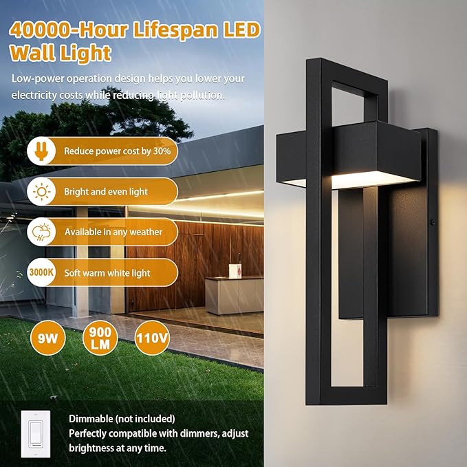 LamQee Outdoor Wall Lights Modern Exterior Lighting Fixtures, 3000K Integrated LED Outdoor Wall Sconce Lighting 2 Packs, Matte Black Outside Wall Mount Lights for House Front Door Porch Garage Patio