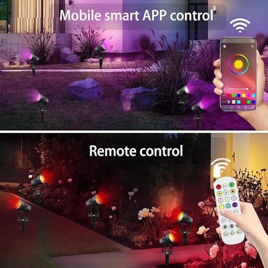 Smart Low Voltage Landscape Lights, Bluetooth Landscape Lighting, RGB Warm White LED Spotlights APP Control, 12V 24W Outdoor Yard Spot Lights with Spike Stand, Waterproof Garden Light Music Sync