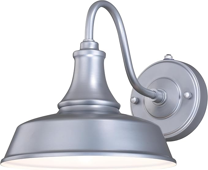 VAXCEL Dorado 9 in. H 1-Light Satin Silver and White Dusk to Dawn Sensor Farmhouse Outdoor Wall Sconce, Gooseneck Steel Shade, Dark Sky Compliant for Exterior Porch Patio Front Door or Garage