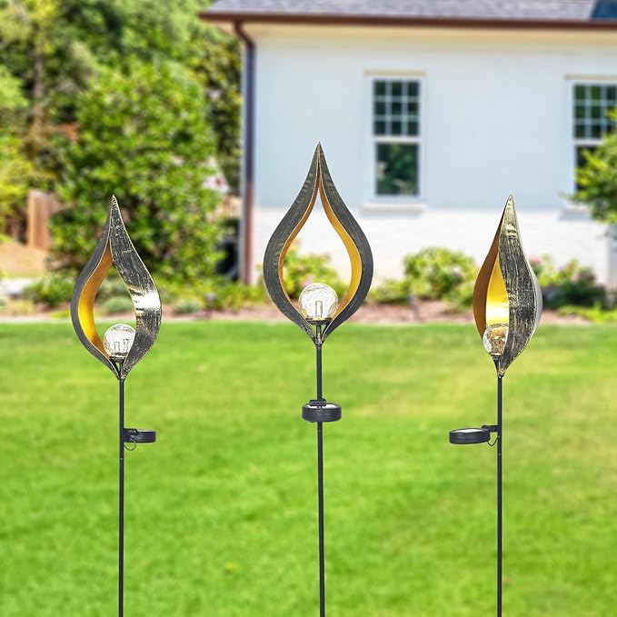 Adeco Solar Lights Outdoor Garden 42 inch Metal Crackle Glass Globe Stake Lights with Large Solar Panel Waterproof LED Lights for Ground Patio Lawn Pathway Courtyard