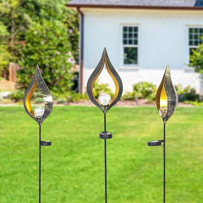 Outdoor Solar Lights Garden, Flame Crackle Glass Globe Stake Metal Waterproof LED Lights for Pathway, Lawn, Patio, Courtyard, Backyard