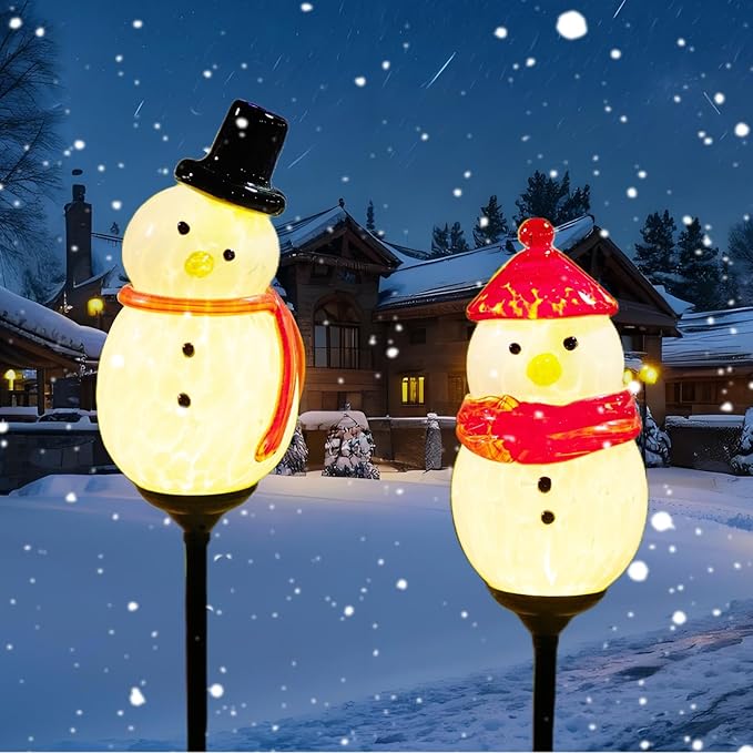 2 Pack Solar Powered Garden Stake Lights Outdoor, Cute Animal Outdoor Figurine Lights Ornament Statue Decor for Pathway, Patio, Red ＆ Black Snowman.