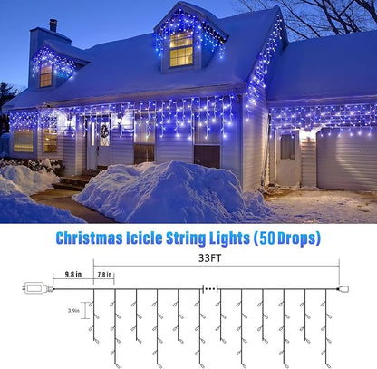 Joomer Christmas Icicle Lights - 33FT Plug in String Lights Waterproof, 8 Modes Timer Connectable Outdoor String Light for Christmas Party, Eaves, Roofs, Xmas Decorations (White+Blue)