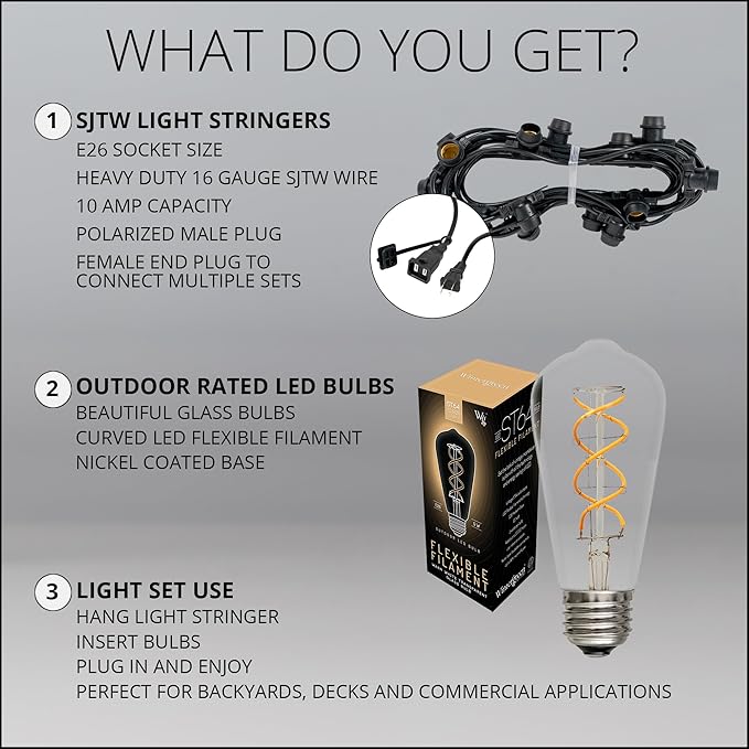 30' FlexFilament LED ST64 Edison Bulb Patio Lights, 10 LED Filament 5W UL Rated Bulbs, Commercial Wire, 3' Spacing Outdoor Patio Lights String