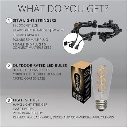 30' FlexFilament LED ST64 Edison Bulb Patio Lights, 10 LED Filament 5W UL Rated Bulbs, Commercial Wire, 3' Spacing Outdoor Patio Lights String