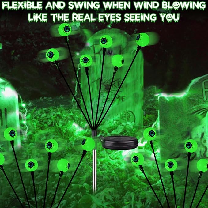 YIQU 4 Pack Solar Halloween Lights Outdoor, Solar Eyeball Lights, 24 LED Green Eyeball Swaying Light with 2 Lighting Modes, Waterproof Outdoor Halloween Decorations for Walkway Yard Lawn Horror Party