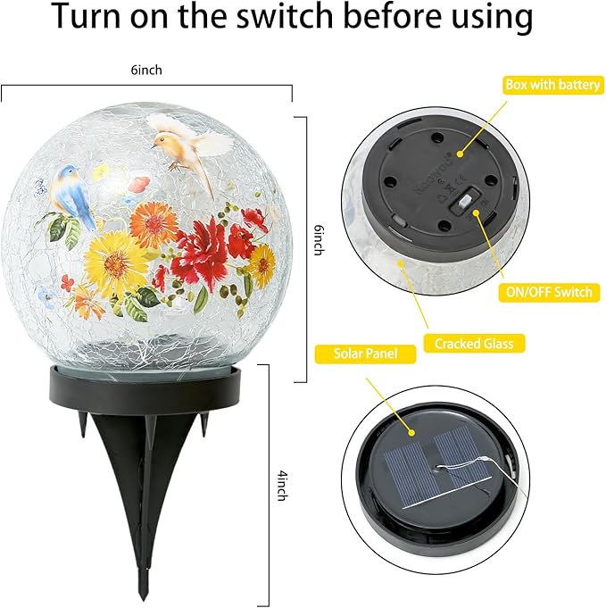 Solar Globe Lights Outdoor Waterproof, Cracked Glass Ball Orb Lights, Waterproof Globes for Garden Pathways, Patio Decor & Backyard Landscaping, Round Ornaments Orbs (Red-Yellow Flower)