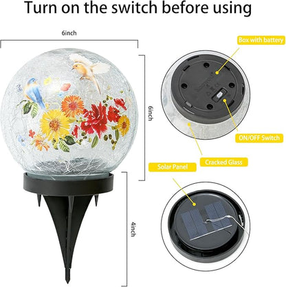 Solar Globe Lights Outdoor Waterproof, Cracked Glass Ball Orb Lights, Waterproof Globes for Garden Pathways, Patio Decor & Backyard Landscaping, Round Ornaments Orbs (Red-Yellow Flower)