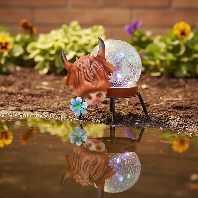 Solar Lights Outdoor Highland Cow Decor with Crackle Glass Globe Lights - Cute Metal Cow - Garden Figurine Light | Lumora