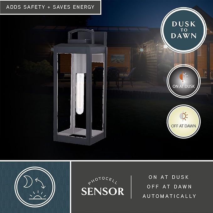 VAXCEL Kinzie Outdoor Porch Light, 6" W x 16.75" H Black Outdoor Lantern, Modern Dusk to Dawn Wall Light for Porch | Lumora