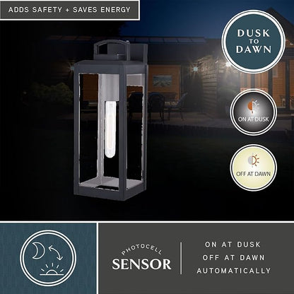 VAXCEL Kinzie Outdoor Porch Light, 6" W x 16.75" H Black Outdoor Lantern, Modern Dusk to Dawn Wall Light for Porch, Patio, Deck, or Front Door