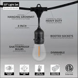 Wintergreen Lighting 50ft S14 Shatterproof Outdoor String Lights, 25 Edison Bulbs on Suspended Sockets Dimmable LED | Lumora